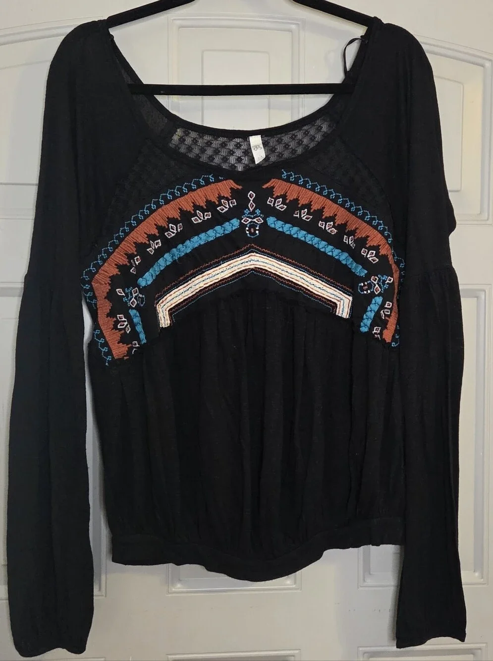 Free People - Black Tunic Top with Turquoise & Rust Embroidery